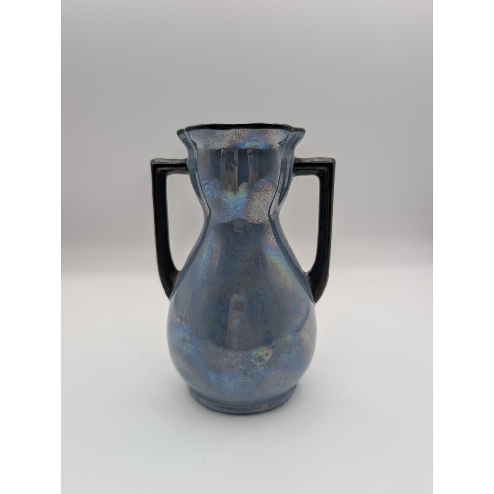 Vintage Iridescent Blue Luster Art Pottery Vase Double Handle Art Deco 5.25"